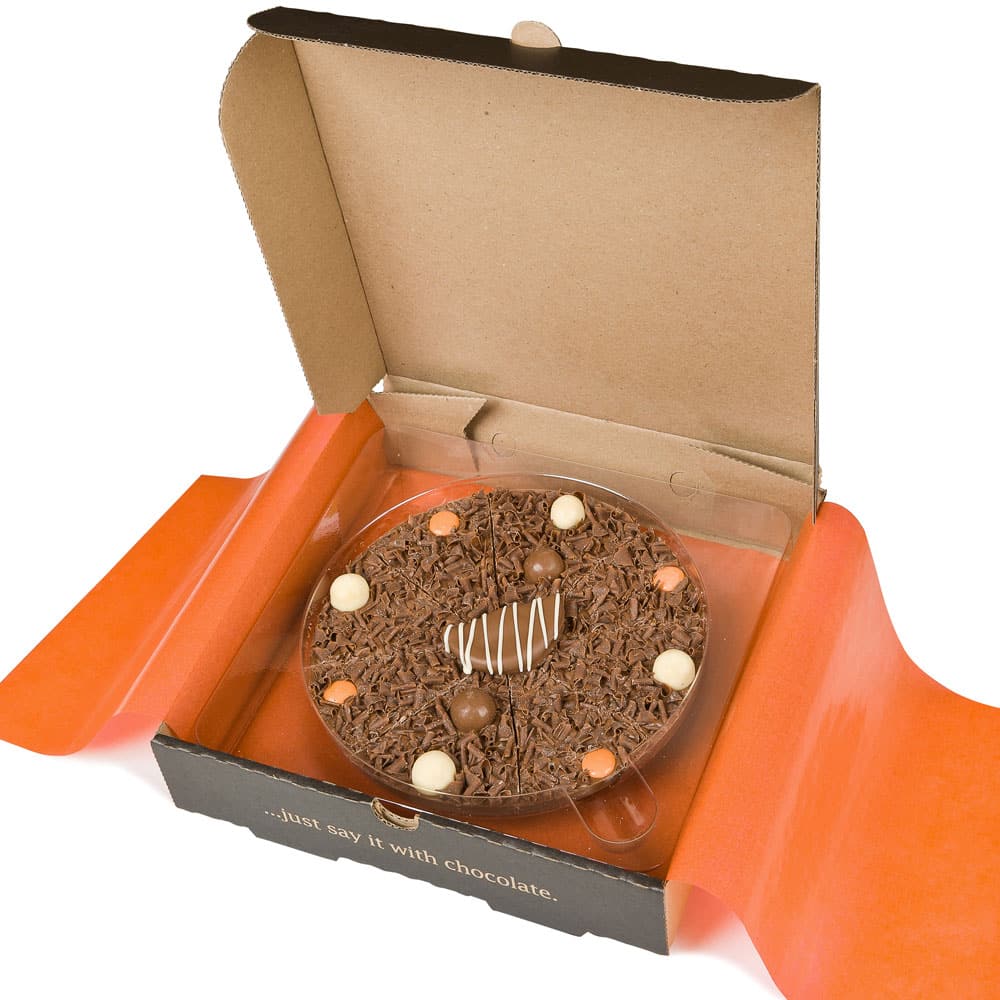 Ultimately Orange Chocolate Pizza presented in an authentic pizza box.